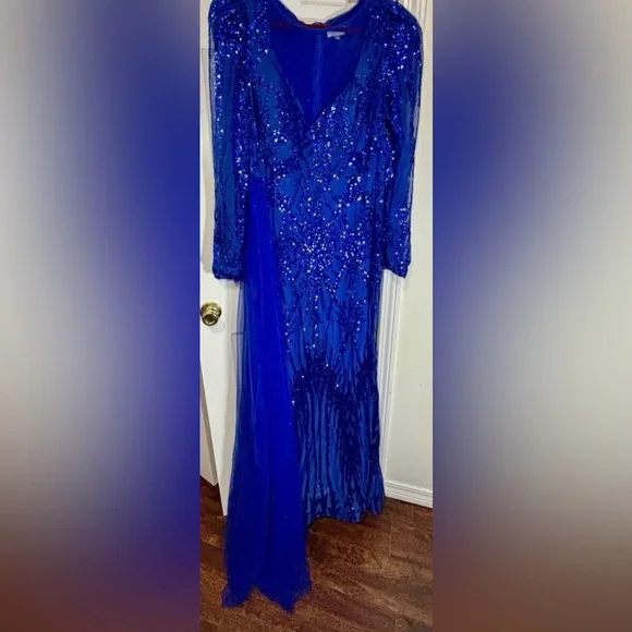 NWOT FAERIESTY SZ 3XL (18) ROYAL BLUE Elegant Sequined Gown With Sheer Overlay - Picture 2 of 10